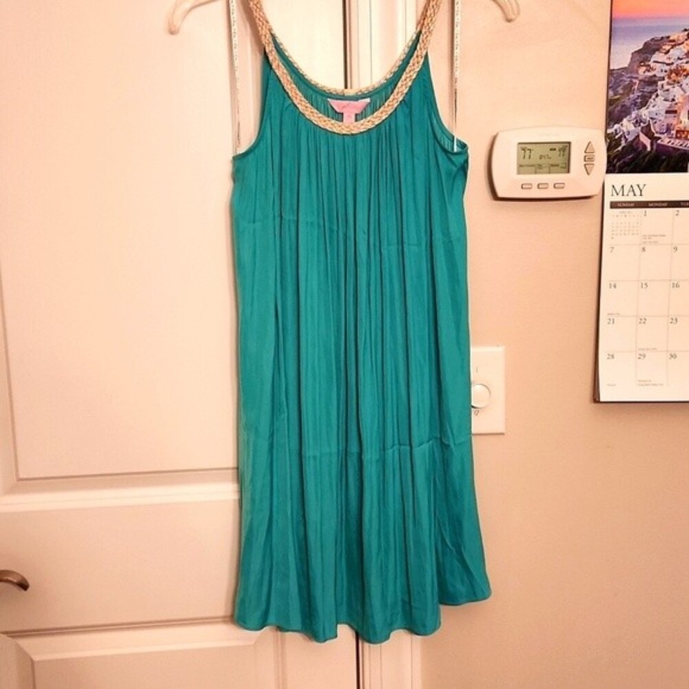 Lilly Pulitzer Sienna Mini Sleeveless Aqua Green Dress Gold Neckline Size XS